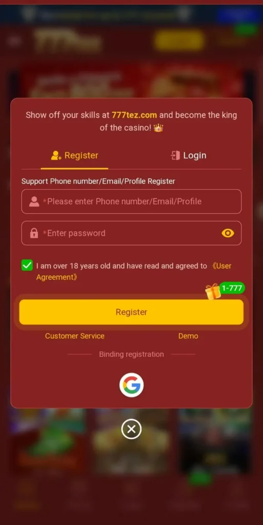 777Tez Game register and login page