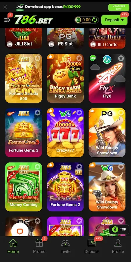 786 Bet Game home screen interface