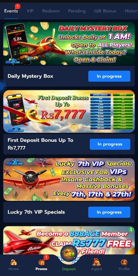 888ACE Game bonus and promotion page showing available offers