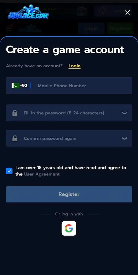 888ace game register & Login Page