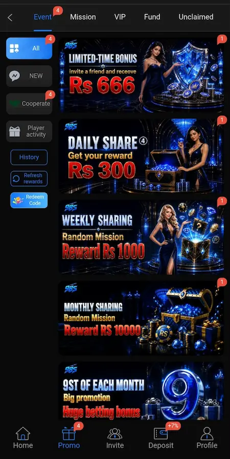 92S Game bonus and promotion page showing available offers