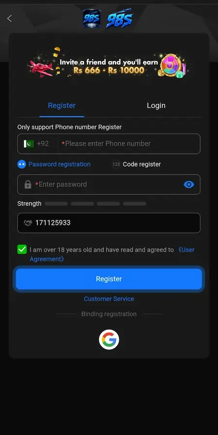 92S Games registration and login page on mobile