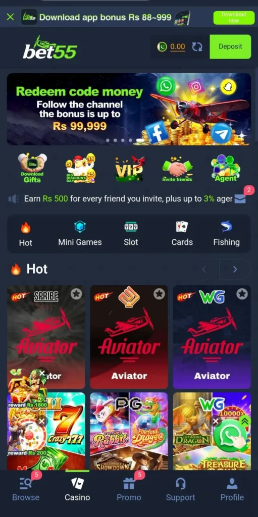 Bet55 Game Home Screen