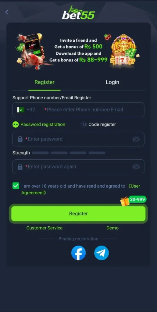 Bet55 registration page