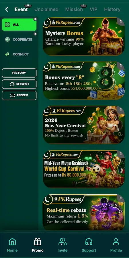 PKRupees Game promotion page showing bonuses and rewards