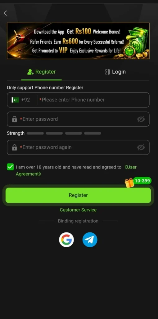 VK999 Game register and login page