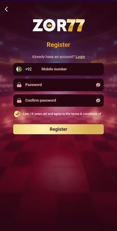 ZOR773 Game register and login page interface