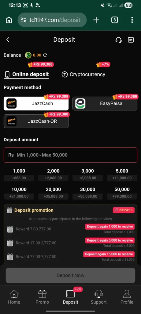TD1947 Game deposit page – JazzCash & EasyPaisa deposit options with bonus up to 99,388 PKR