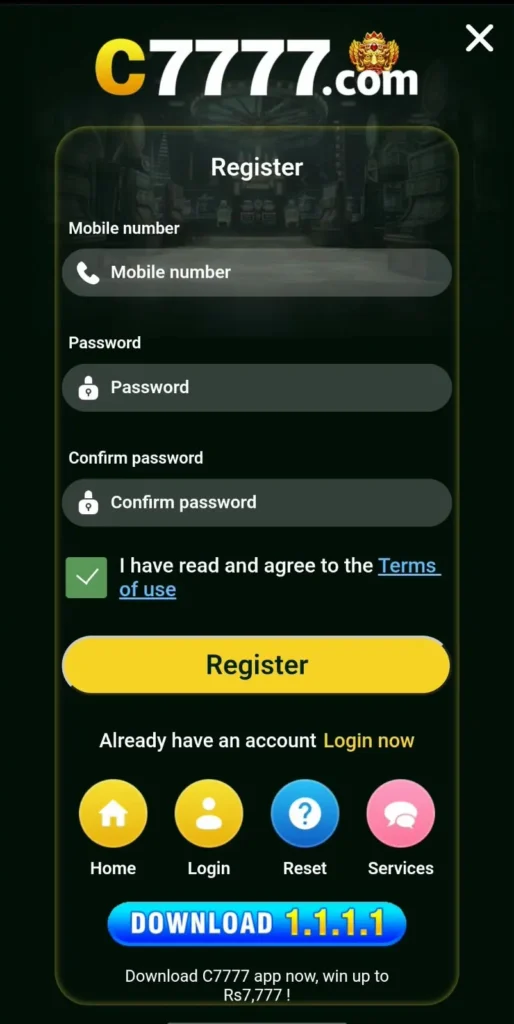 c7777 game register & login page
