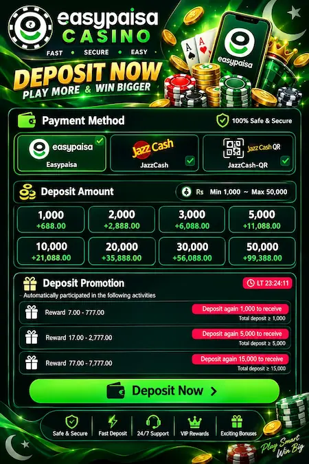 Easypaisa Casino Game deposit – Easypaisa, JazzCash, USDT options with 88,888 PKR bonus