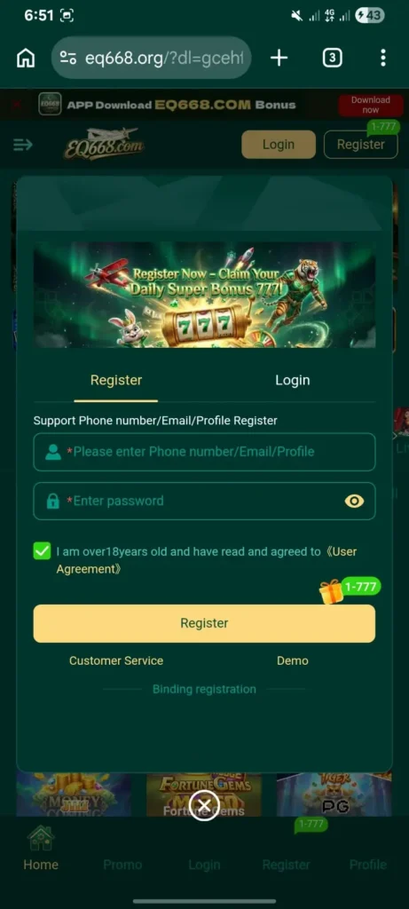 eq668 game register & login page