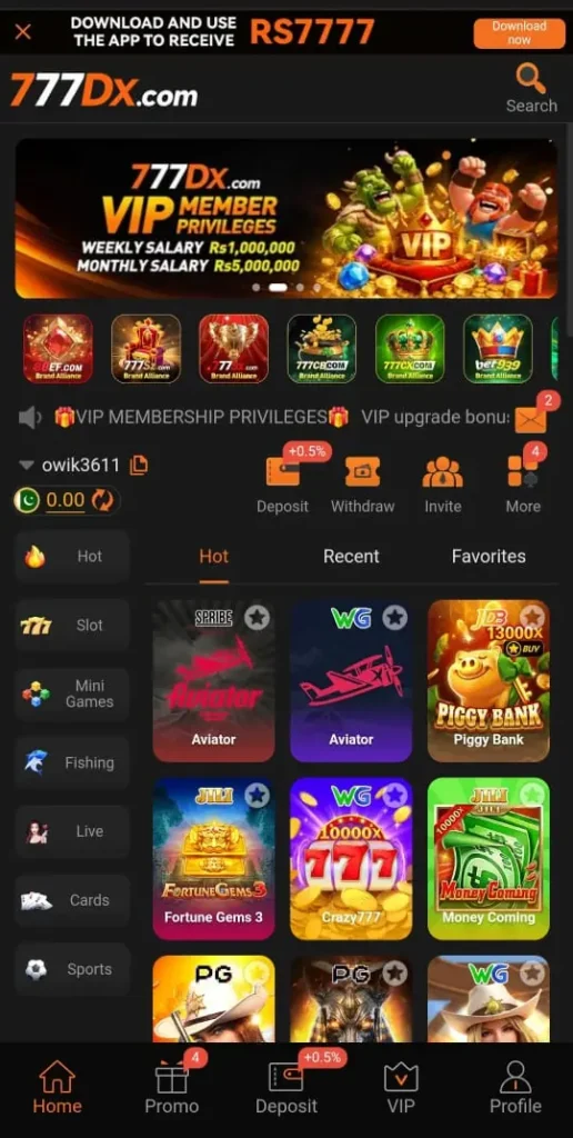 777DX Game homescreen showing game categories, promotions, account balance and navigation options